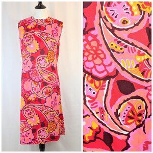 Vintage 60s Pink & Yellow Paisley Shift Dress Size M Womens Mod Midi Go-Go Shift
